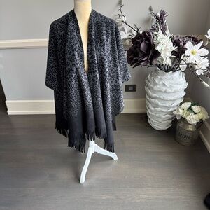 Rachel Roy Leopard Print/ Solid Black double sided Fringe Shawl. One size